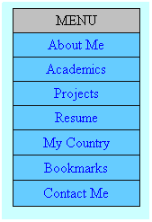 Text Box: MENU
About Me
Academics
Projects
Resume
My Country
Bookmarks
Contact Me
